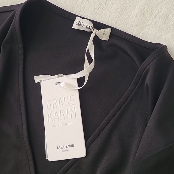 Grace Karin NWT Black Wrap Blouse 3/4 Cut Out Bell Sleeves Small Ruched Top - Picture 6 of 7